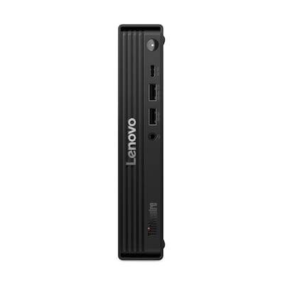 Ein schwarzer Lenovo ThinkCentre Mini-Desktop-Tower mit vertikalen Rippen und mehreren USB-Anschlüssen auf der Frontblende.