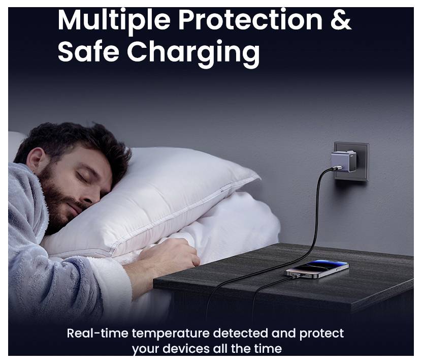Eine Person schläft neben einem Nachttisch mit einem aufladenden Telefon. Der Text lautet: „Mehrfachschutz und sicheres Laden. Temperatur in Echtzeit erfasst.
