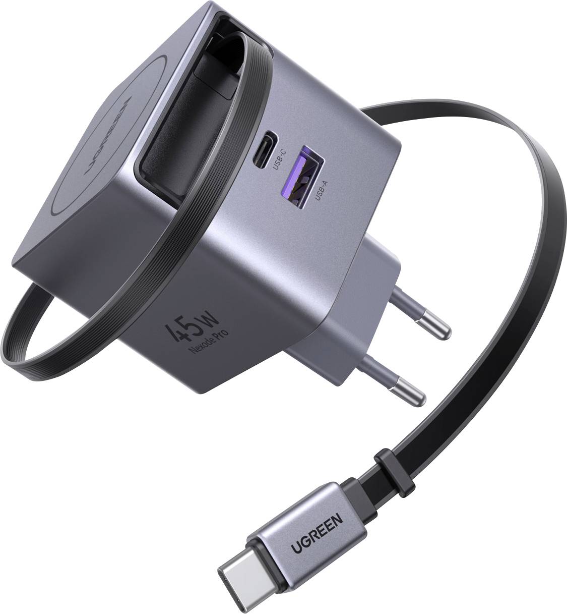 „UGREEN 45W Nexode Mini Ladegerät mit USB-C und USB-A Anschlüssen, abnehmbarem Stecker und enthaltenem USB-C Kabel, schwebend auf weißem Hintergrund.