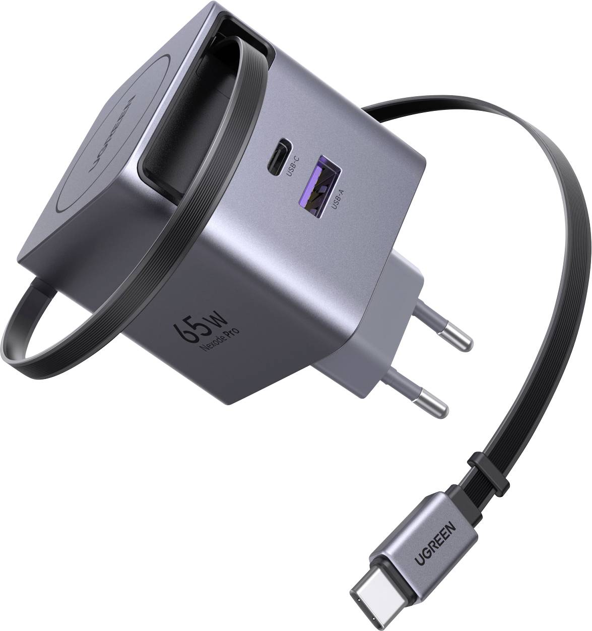 Ein 65W USB-C Wandladegerät mit abnehmbarem Kabel und zusätzlichem USB-Anschluss, entworfen für schnelles Aufladen von elektronischen Geräten.