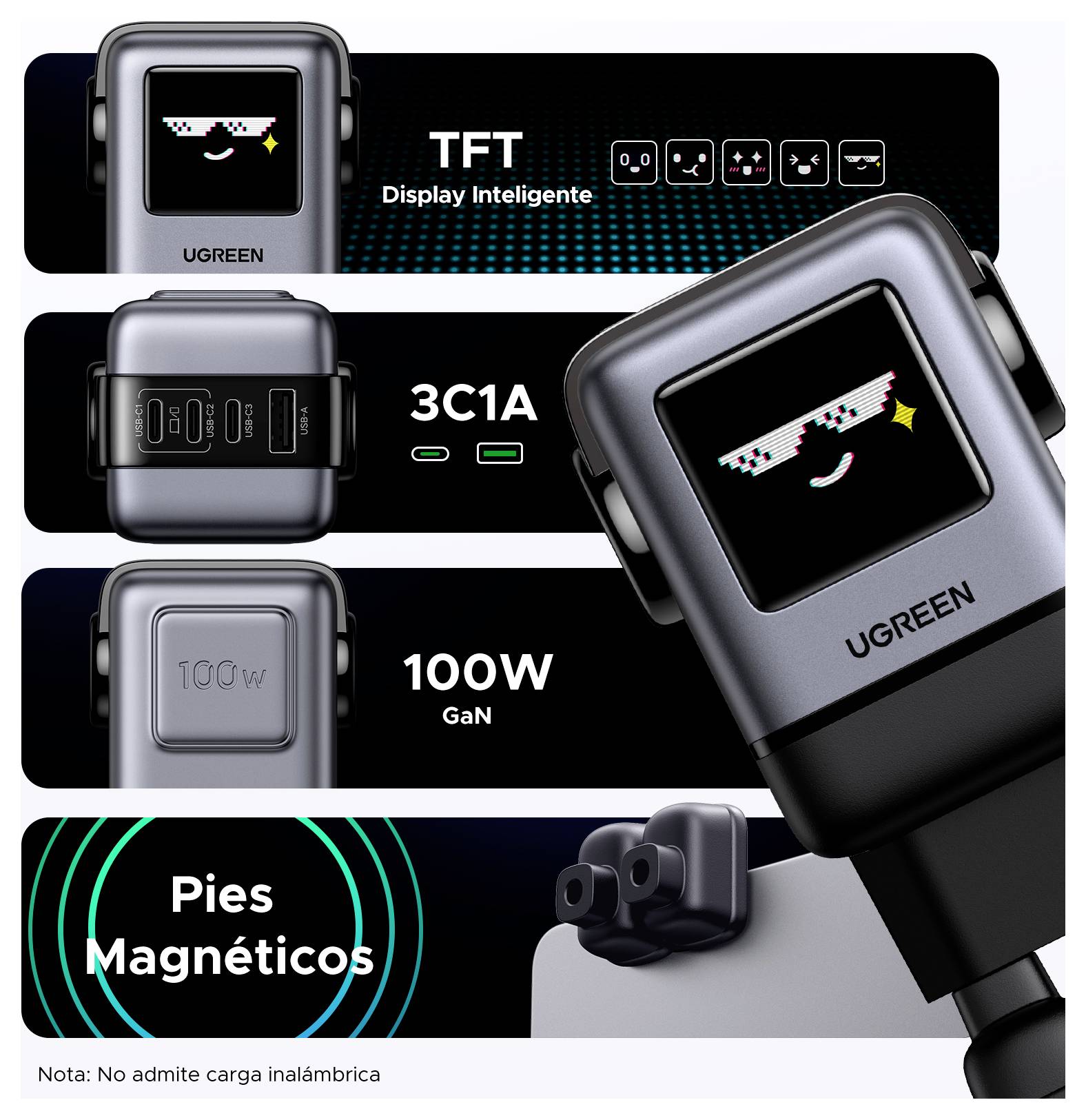 Das Bild zeigt ein UGREEN-Ladegerät mit digitaler Anzeige, das 100W GaN-Ladung bietet und mit magnetischen Füßen zur Befestigung ausgestattet ist.