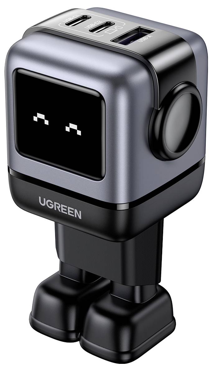 Kompakter, roboterförmiger Ladestecker mit mehreren USB-Anschlüssen oben, mit der Marke „UGREEN