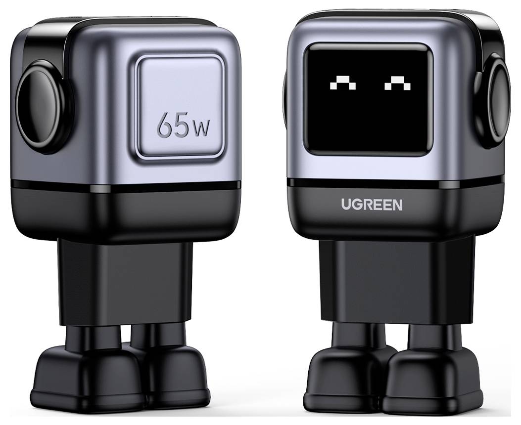 Zwei kleine Roboterfiguren, die USB-Ladegeräten mit Beinen ähneln, eine zeigt 