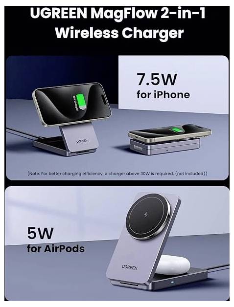 UGREEN MagFlow 2-in-1 kabelloses Ladegerät mit einem Telefon, das mit 7,5W geladen wird, und AirPods mit 5W. Hinweis: Ladegerät über 30W wird empfohlen.