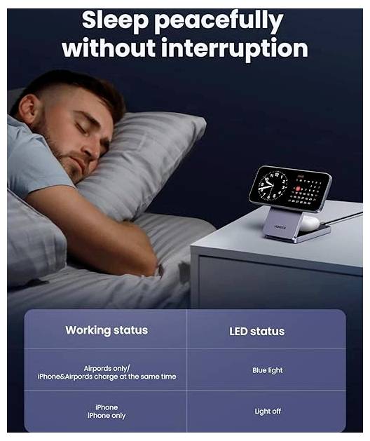 Ein Mann schläft neben einem Nachttisch mit einer Ladestation und LED-Anzeige. Der Text lautet „Schlafen Sie ungestört und friedlich