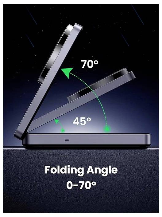 Ein Mobilgerät wird beim Falten gezeigt, wobei Winkel von 45° und 70° angegeben sind und sein Faltbereich von 0° bis 70° hervorgehoben wird.