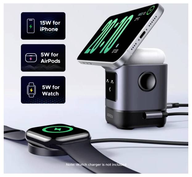 „3-in-1 Wireless-Ladestation mit Telefon-, AirPods- und Watch-Ladefunktion. Zeigt Etiketten mit „15W für iPhone