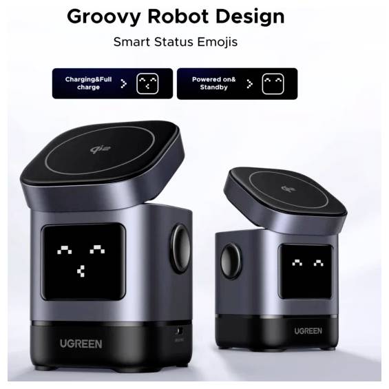 „Groovy Robot Design" zeigt einen grauen, rechteckigen Roboter mit einem digitalen Gesicht, das Emojis für Aufladen und volle Ladung anzeigt, eingeschaltet und im Standby-Modus.