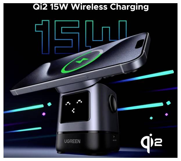 Smartphone auf einem Ugreen Qi2-Ladegerät, das ein Ladesymbol anzeigt. Text: 'Qi2 15W kabelloses Laden' und '15W'. Hintergrund: Neonstreifen.