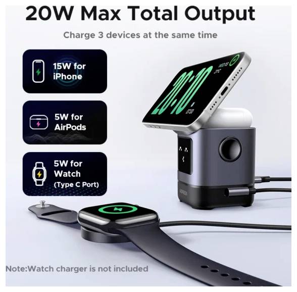 Eine 20W Ladestation für iPhone, AirPods und Watch. Ausgänge: 15W für iPhone, 5W jeweils für AirPods und Watch. Ladegerät nicht enthalten.