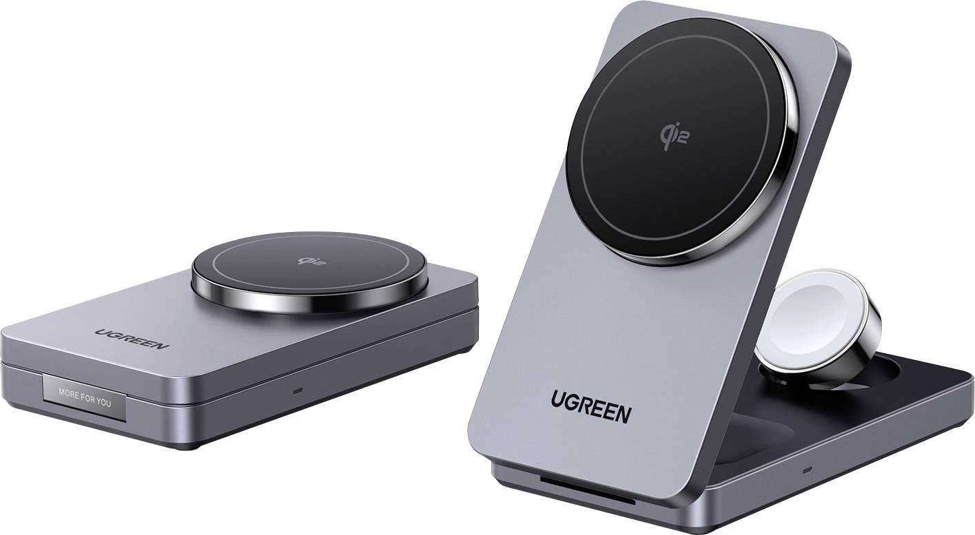 Ein UGREEN Wireless-Ladegerät und eine Wireless-Ladepad werden angezeigt. Beide verfügen über elegante, minimalistische Designs mit kreisförmigen Ladeflächen.