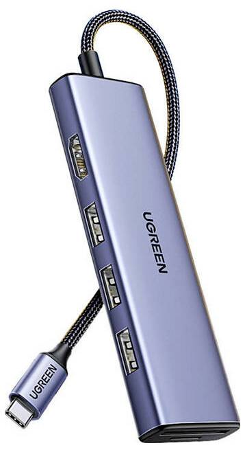 Ein silberner UGREEN-USB-Hub mit mehreren USB-Anschlüssen und einem USB-C-Stecker.