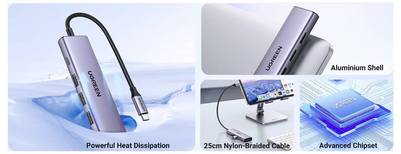 UGREEN USB-C® Dockingstation CM511 6-in-1 USB-C Hub integrierter Kartenleser