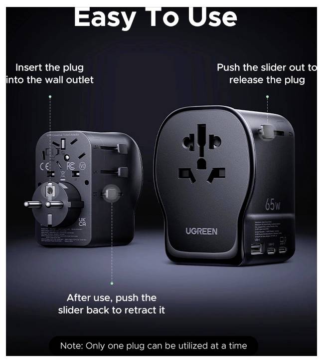 UGREEN S550 65W Universal Travel Adapter Reiseladeadapter 65W USB-C®, USB-A QC 4+ Schwarz, Grau GaN