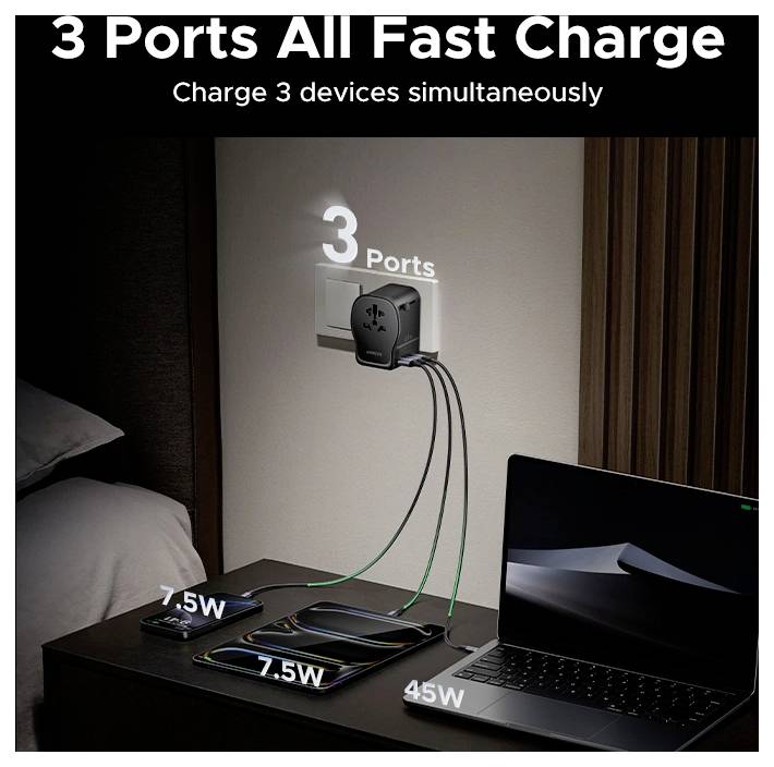 UGREEN S550 65W Universal Travel Adapter Reiseladeadapter 65W USB-C®, USB-A QC 4+ Schwarz, Grau GaN
