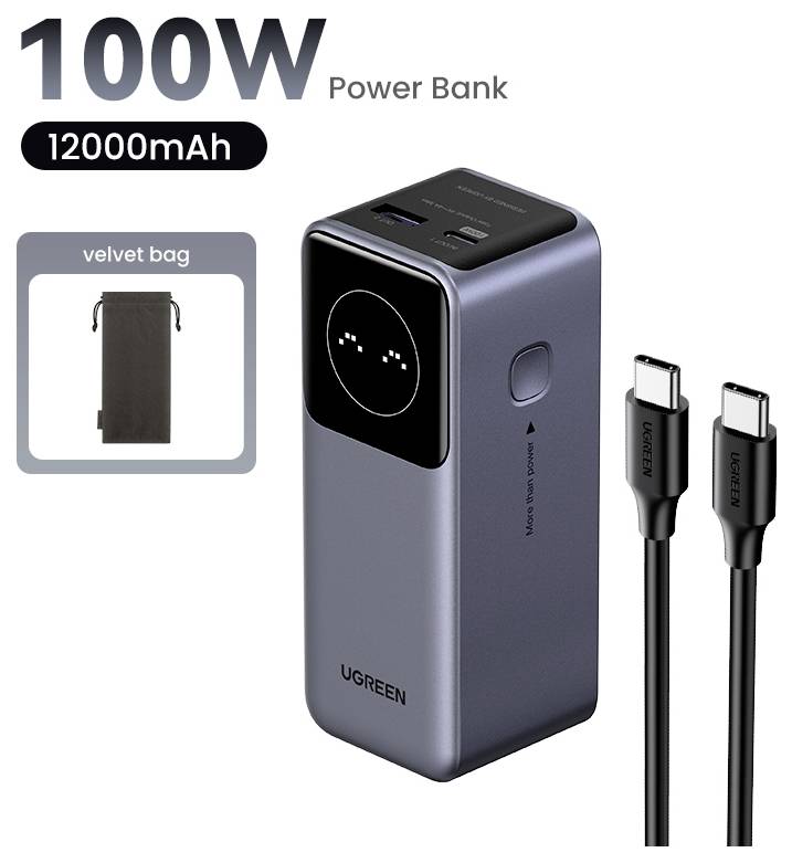 Eine 100W-Powerbank mit 12000mAh Kapazität, ausgestattet mit zwei USB-Anschlüssen und einem LED-Display. Enthält eine Samtbeutel und zwei USB-C-Kabel.