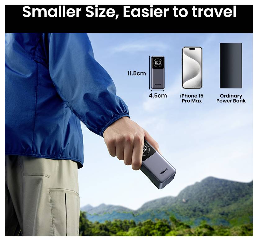 Eine Person hält eine kompakte Powerbank im Freien. Der Text oben lautet „Kleinere Größe, einfacher zu reisen.