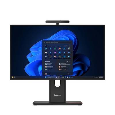 Ein Computermonitor, der einen Desktop mit der Windows-Betriebssystem-Oberfläche anzeigt, mit geöffnetem Startmenü vor einem blauen abstrakten Hintergrund.