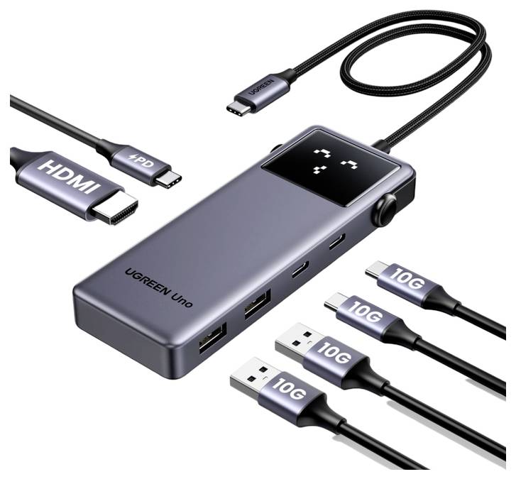 UGREEN Uno Dockingstation mit HDMI und mehreren USB-C/USB-A-Anschlüssen, verbunden mit Kabeln mit der Bezeichnung 