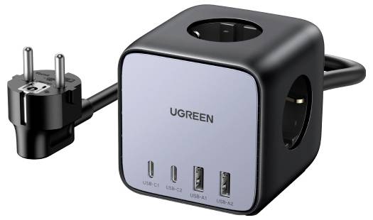 Ein schwarzer und grauer Stromanschluss von UGREEN mit drei USB-Anschlüssen und einem europäischen Stecker, konzipiert für effizientes Laden und Konnektivität.