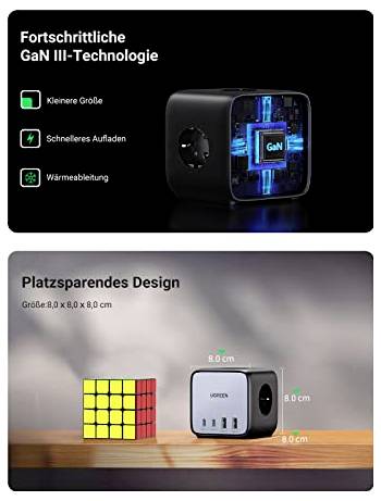 Oben: Würfelförmiger Ladeadapter mit GaN-Technologie, kompakt und schnell. Unten: Vergleich mit Zauberwürfel, zeigt platzsparendes Design.