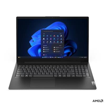 Ein schwarzer Laptop, auf dem eine Windows-Benutzeroberfläche mit Symbolen und einem blauen abstrakten Hintergrund angezeigt wird. AMD-Logo in der unteren rechten Ecke.