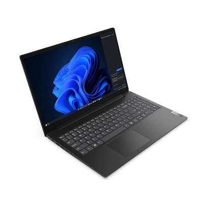 Ein schwarzer Laptop mit sichtbarem Windows 11-Desktopbildschirm, auf dem ein blauer abstrakter Design-Hintergrund angezeigt wird.