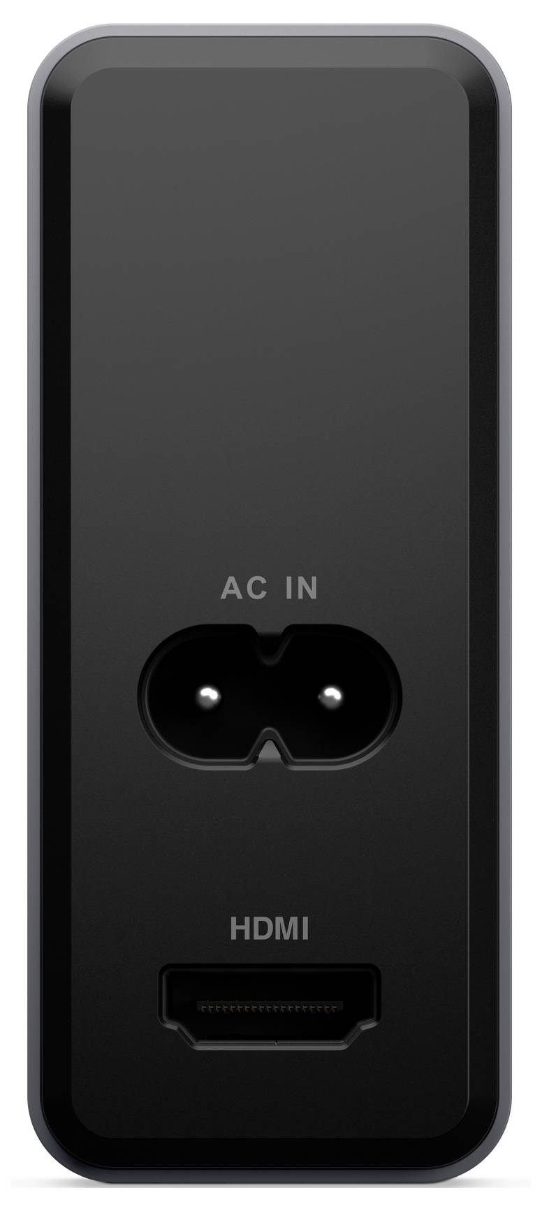 Ein schwarzes rechteckiges elektronisches Gerät mit sichtbaren AC IN- und HDMI-Anschlüssen, die seine Konnektivitätsoptionen anzeigen.