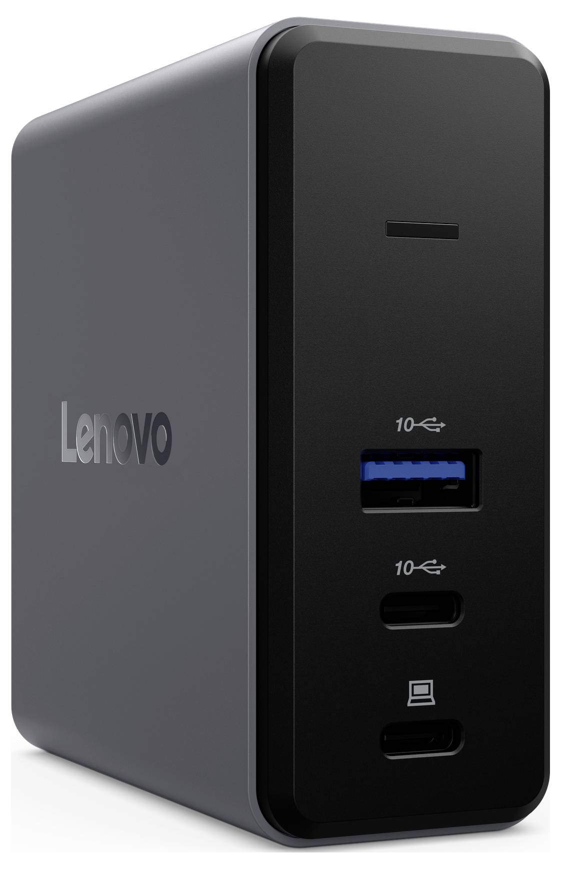 Bild einer Lenovo-Dockingstation mit mehreren USB-Anschlüssen an der Vorderseite, entwickelt für die Verbindung verschiedener Geräte mit einem Computer.