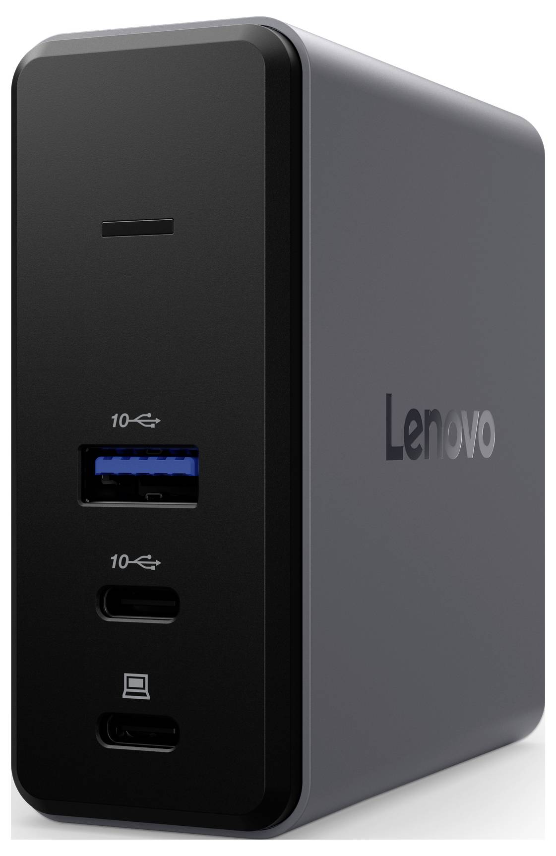 Eine Lenovo-Dockingstation mit zwei USB-C-Anschlüssen und einem USB-A-Anschluss auf der Vorderseite, entworfen zum Verbinden und Laden von Geräten.
