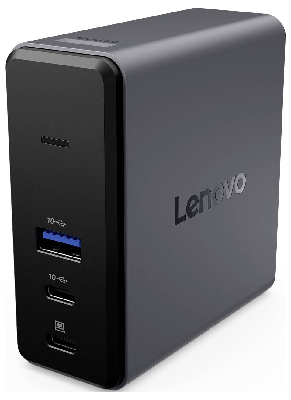 Eine graue Lenovo-Dockingstation mit mehreren USB-Anschlüssen und schlankem Design, die zum Anschließen von Peripheriegeräten an Laptops oder Computer verwendet wird.