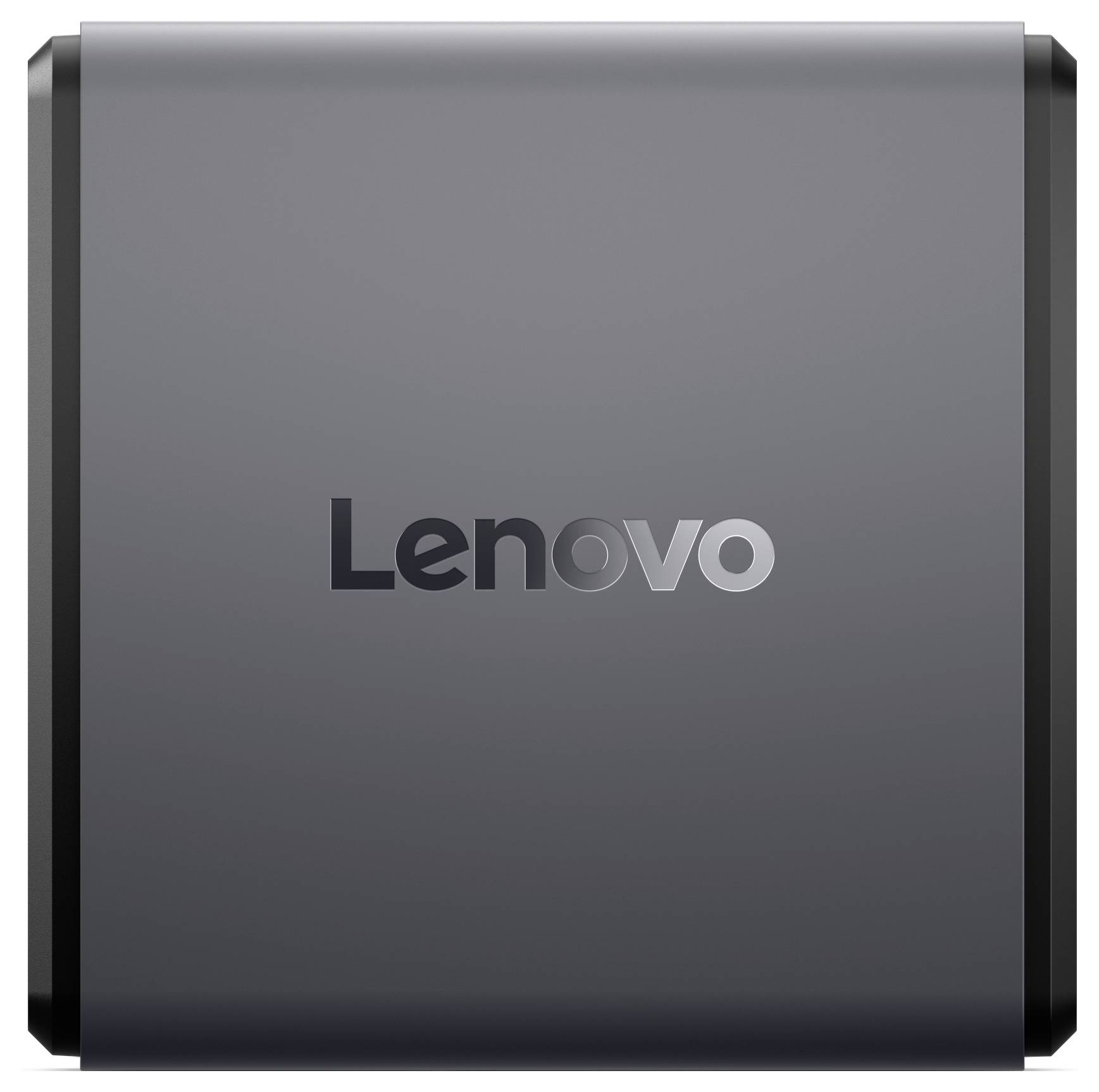 Ein geschlossener Lenovo-Laptop mit grauer Oberfläche. Das Lenovo-Logo ist zentriert auf dem Deckel angebracht.