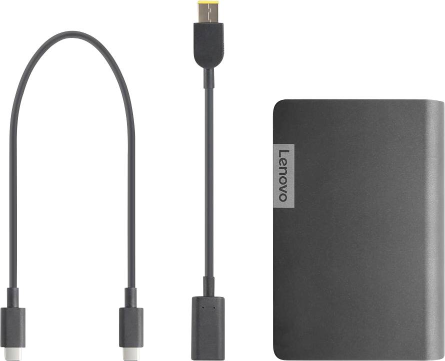 Eine externe Festplatte von Lenovo und zwei Verbindungskabel werden gezeigt, wobei Speicher- und Konnektivitätsoptionen hervorgehoben werden.