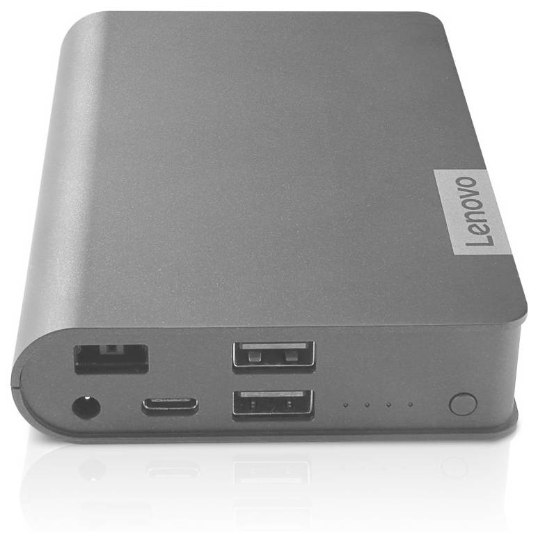 Eine kompakte Lenovo-Dockingstation mit mehreren Anschlüssen für die Konnektivität, einschließlich USB und Stromeingang, entwickelt für effizientes Gerätemanagement.