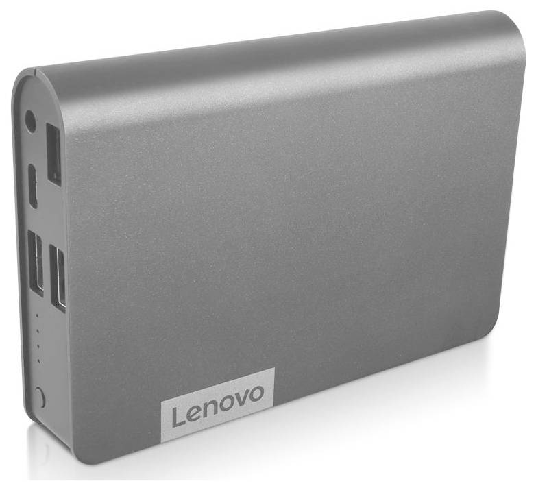 Eine silberne Lenovo-Powerbank mit mehreren USB-Anschlüssen auf einer Seite, entwickelt zum Aufladen von elektronischen Geräten unterwegs.