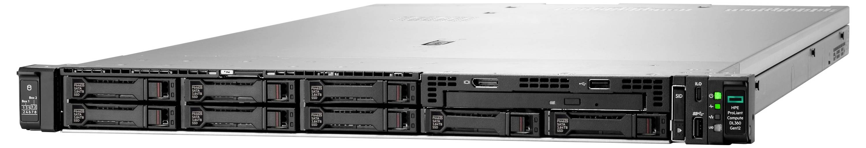 Ein silberner Rack-Server mit mehreren Festplattenschächten und LED-Anzeigen auf der rechten Seite.