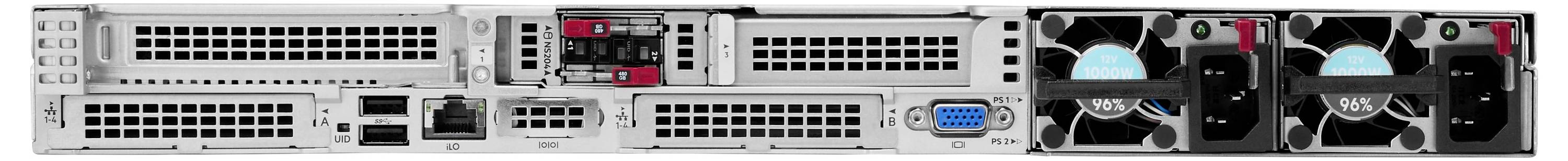 Rückansicht eines Server-Chassis mit verschiedenen Steckplätzen für Netzwerkverbindungen, Netzteilen mit Lüftern und einem VGA-Anschluss.