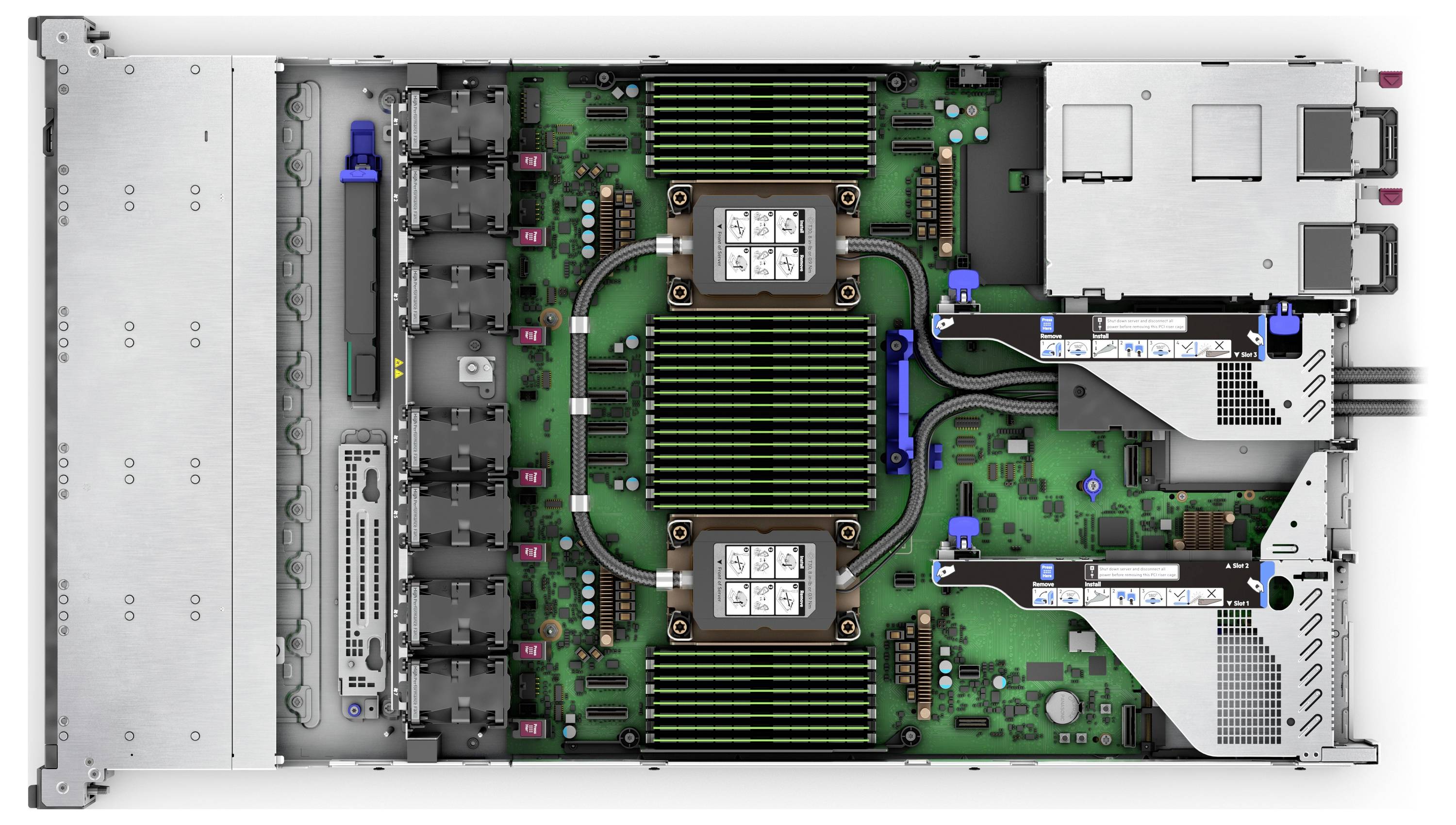 Die interne Ansicht eines Servers mit einer Dual-Prozessor-Konfiguration, mehreren Speichermodulen und Kühleinheiten innerhalb eines Rack-Mount-Gehäuses.