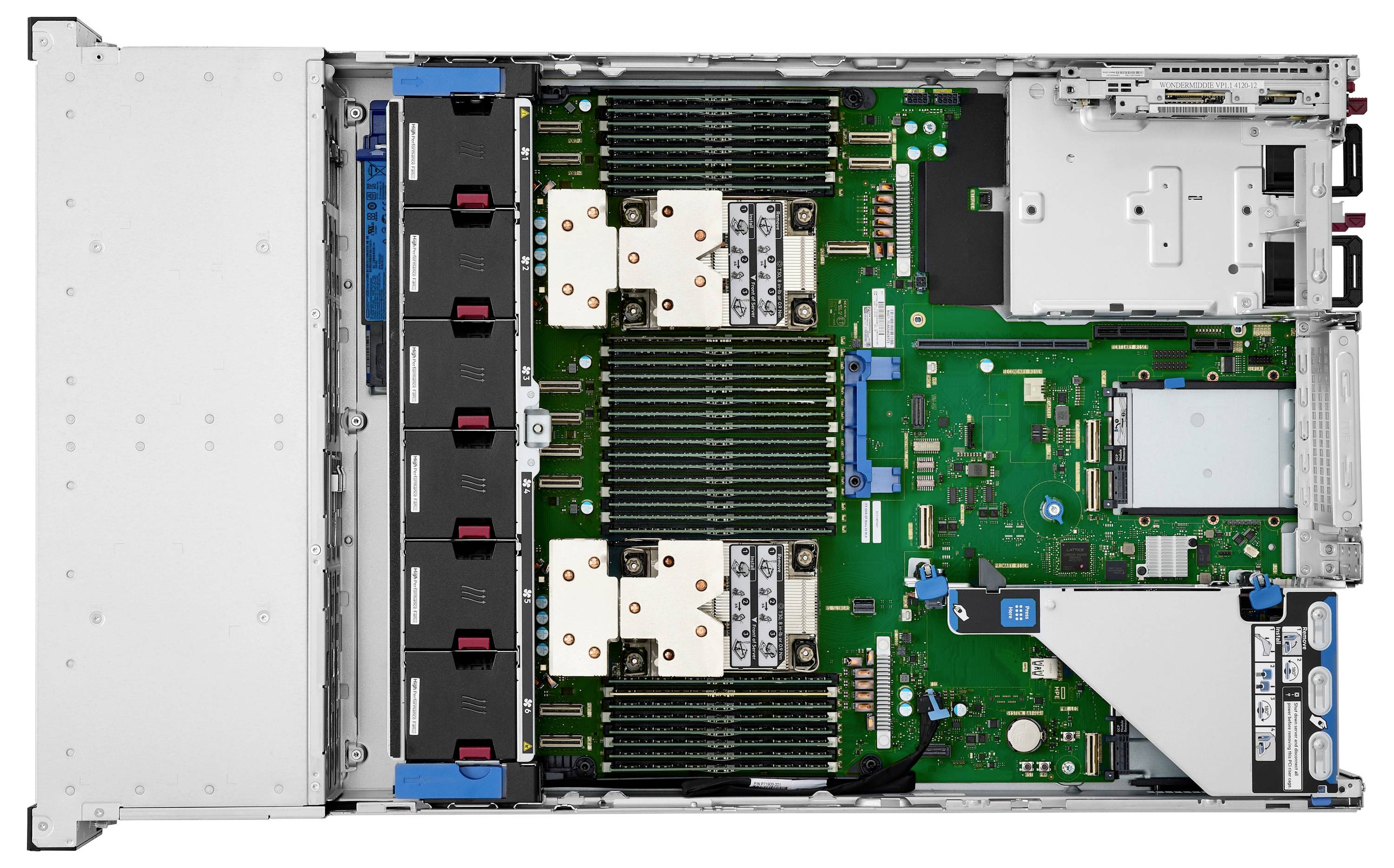 Draufsicht des Inneren eines Computerservers mit zwei Prozessoren, mehreren RAM-Steckplätzen, Leiterplatten und Kühlkomponenten.