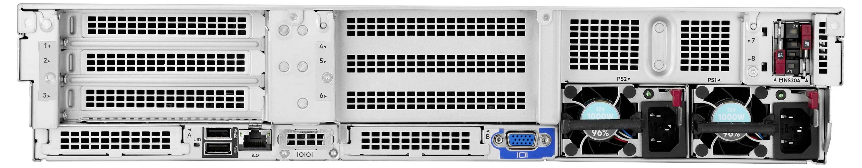 Rückansicht eines Computer-Server-Gehäuses mit mehreren Kühlventilatoren, Netzwerkports, Stromversorgungen und Belüftungsgittern.