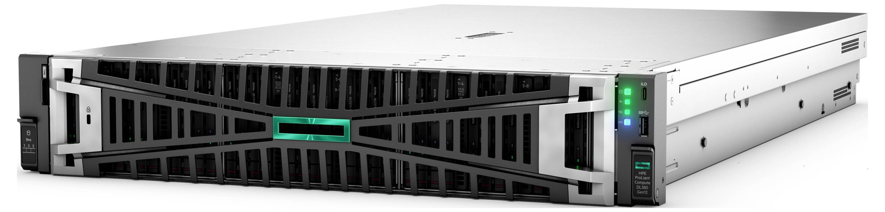 Ein silberner Serverrahmen mit schwarzen Akzenten und grünen Statusleuchten, der zur Datenspeicherung in der IT-Infrastruktur verwendet wird.