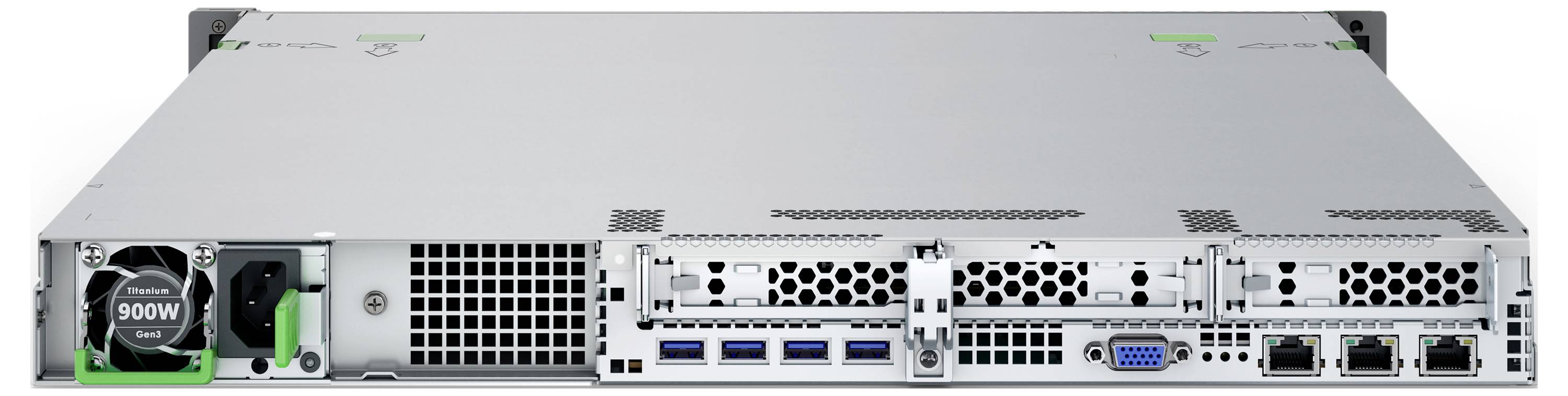 Rückansicht einer Servereinheit mit mehreren Anschlüssen, Kühlungslüfter, Stromversorgung und abnehmbaren Abschnitten. Funktionen umfassen USB-, VGA- und Netzwerkanschlüsse.
