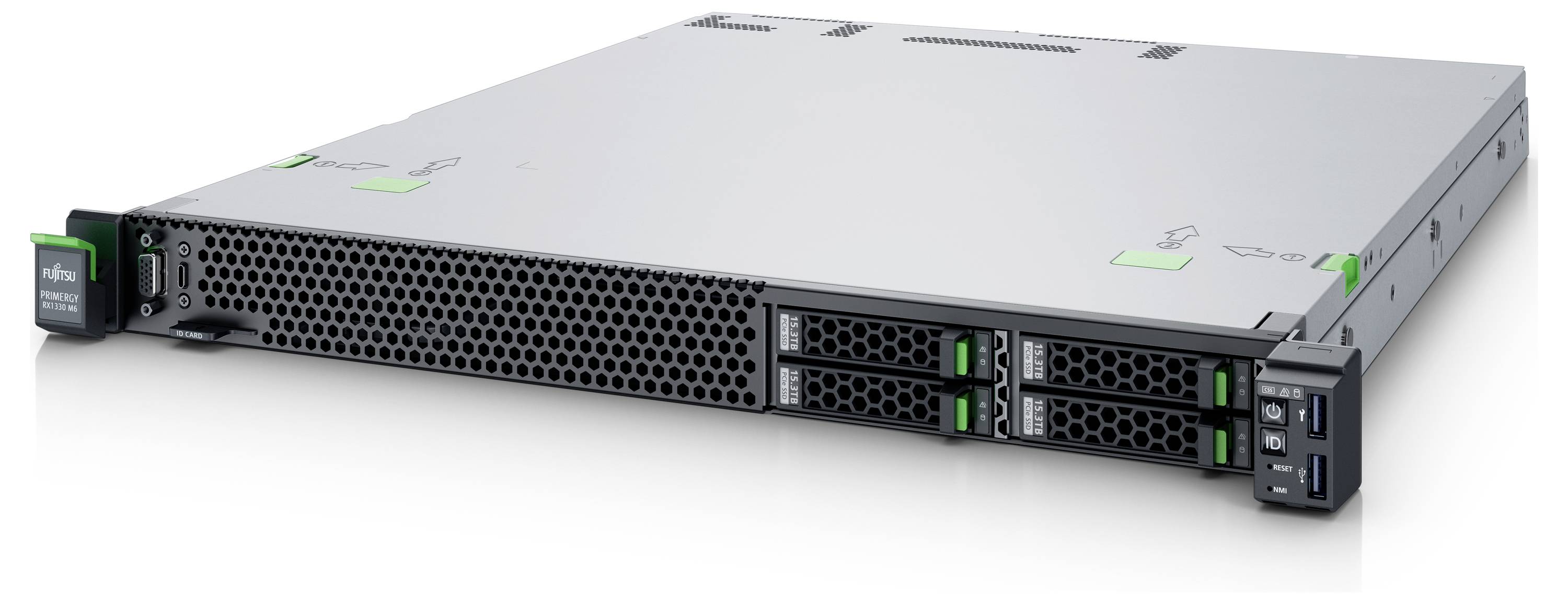 Ein rechteckiger Metall-Computerserver mit mehreren ausziehbaren Blenden sitzt auf einer ebenen Fläche und verfügt über USB-Anschlüsse und Indikatoren an der Vorderseite.