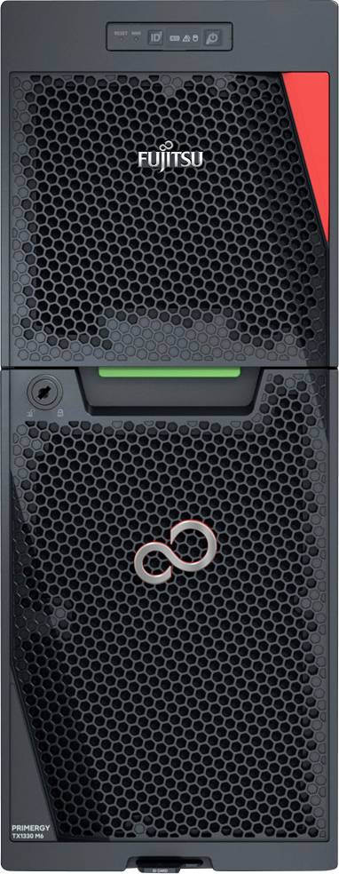 Ein Fujitsu-Serversystem mit schwarzem perforierten Design, einer roten Akzentuierung und einer grünen Anzeigelampe in der Nähe der Mitte.