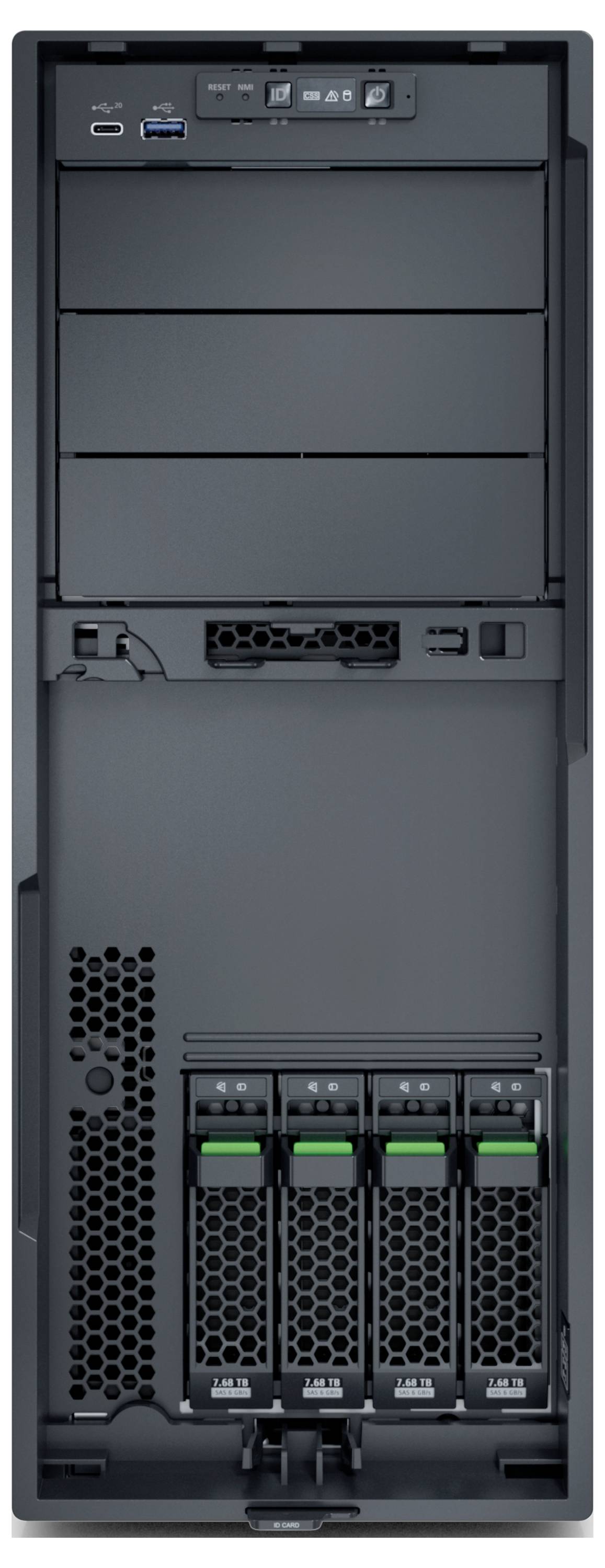 Turmserver mit mehreren Laufwerkschächten, USB-Anschlüssen und Netzschalter auf der Frontplatte.