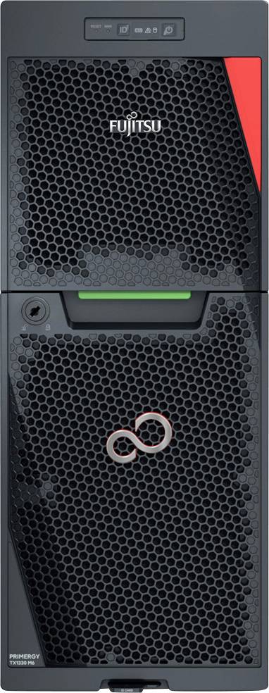 Ein Fujitsu-Serverturm mit schwarzer Gitternetzfront, rote Akzente und Stromanzeigelampe. Geeignet für Datenspeicherungs- und Verarbeitungsaufgaben.