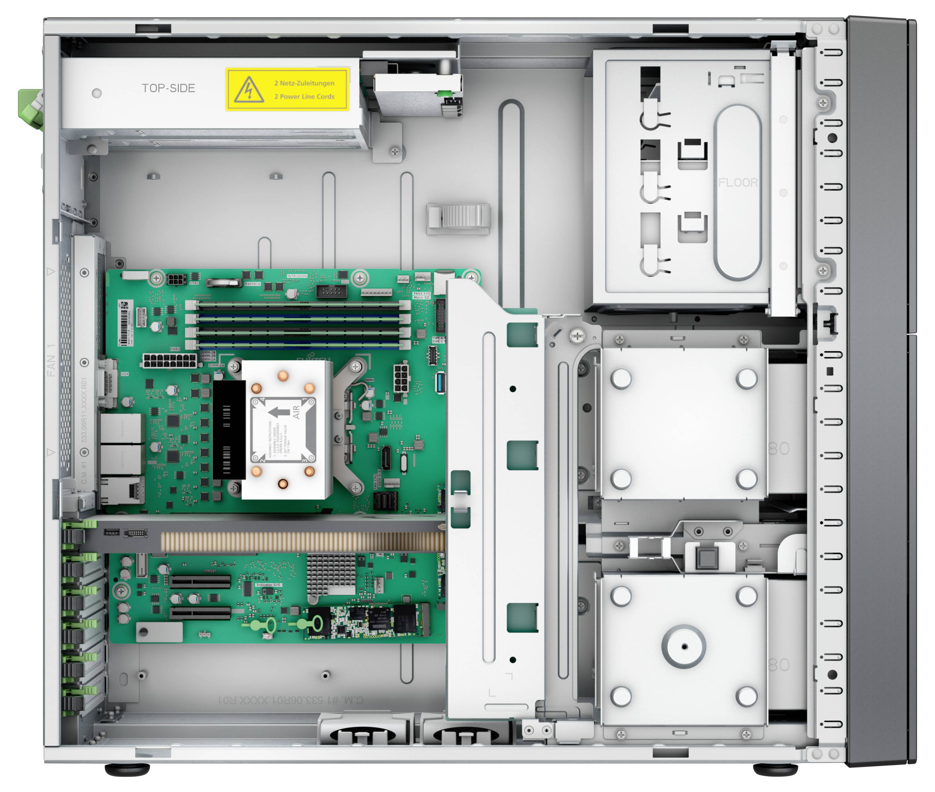 Innenansicht eines Computergehäuses mit einer Hauptplatine, einem Netzteil und Laufwerksschächten. Das Kühlsystem ist auf dem Prozessor sichtbar.