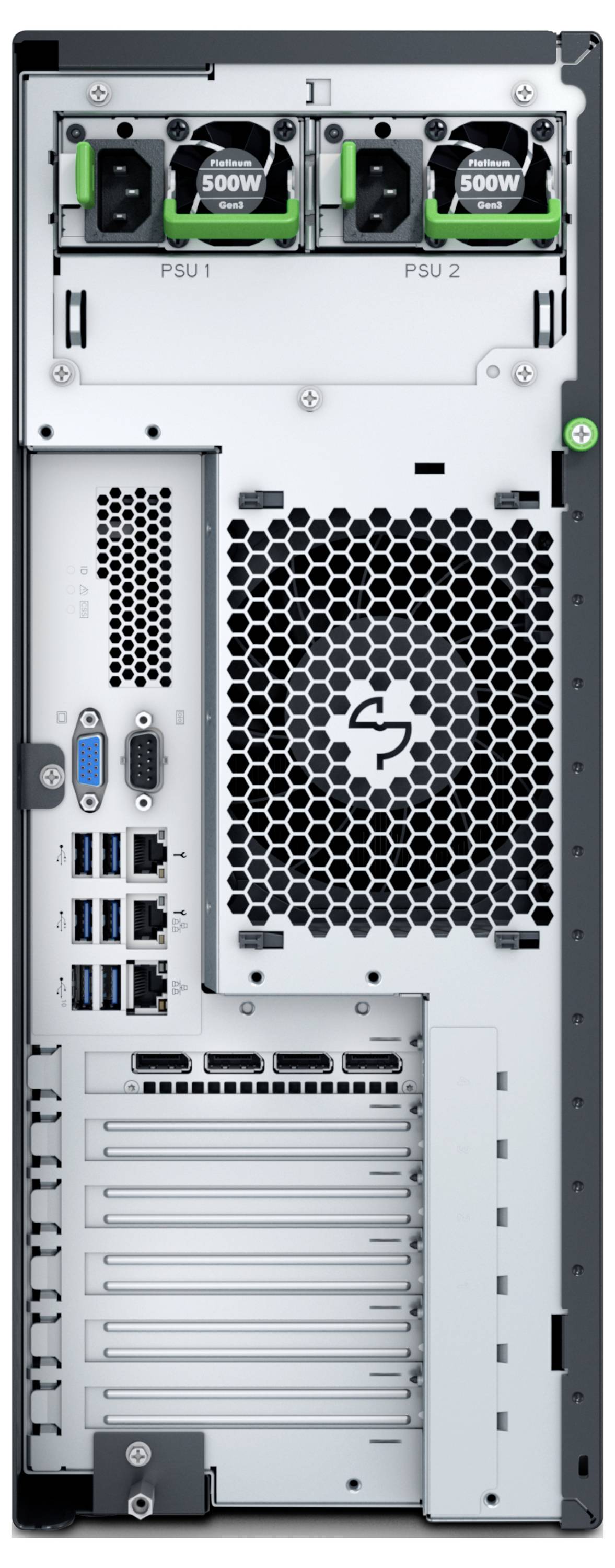 Die Rückansicht eines Computer-Server-Towers mit Anschlüssen, Kühlventilator und dualen 500-W-Netzteilen für Konnektivität und Stromverteilung.