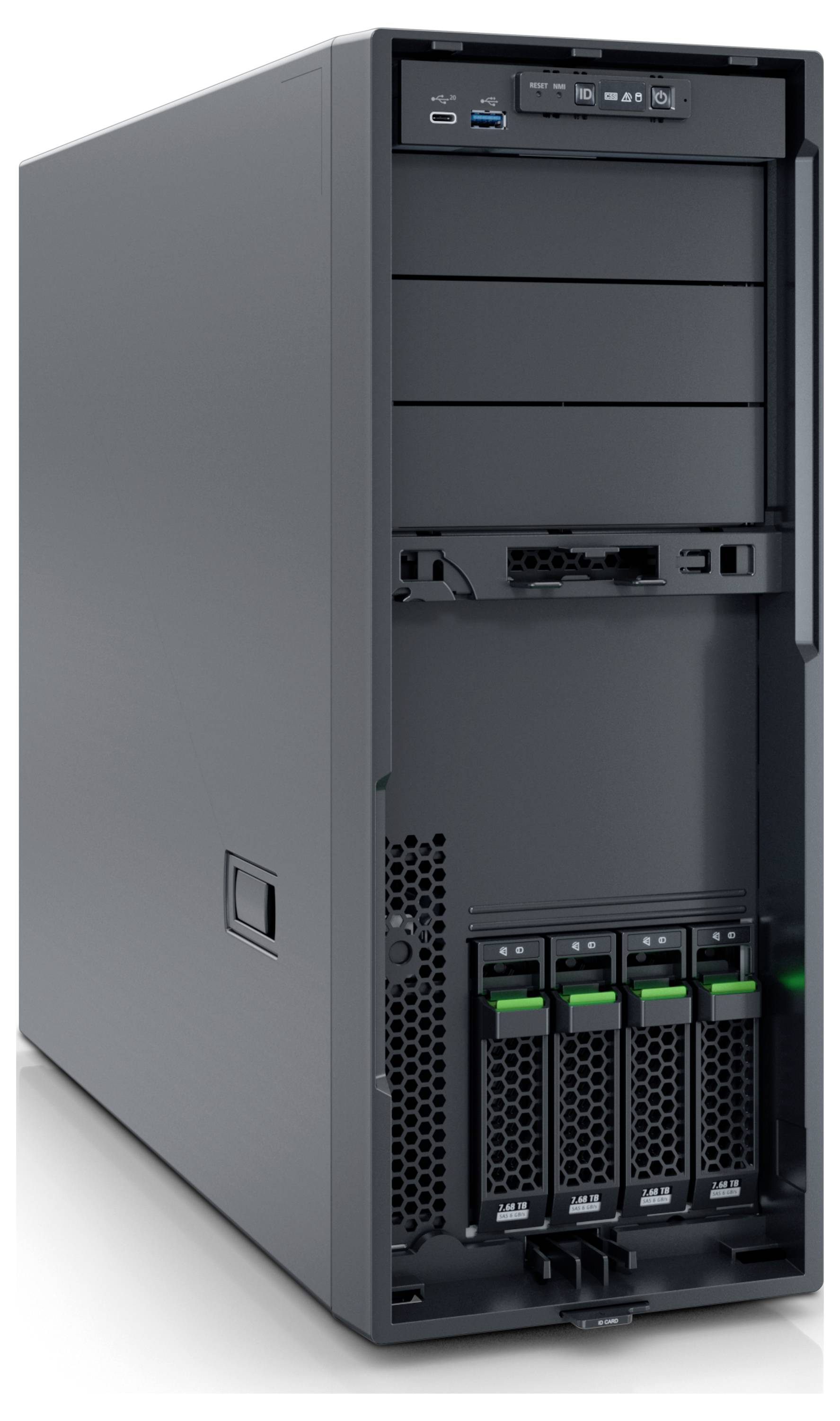 Ein großes, graues Computer-Server-Gehäuse mit mehreren leeren Festplattenschächten und einer Reihe von grün beschrifteten Festplatten unten.