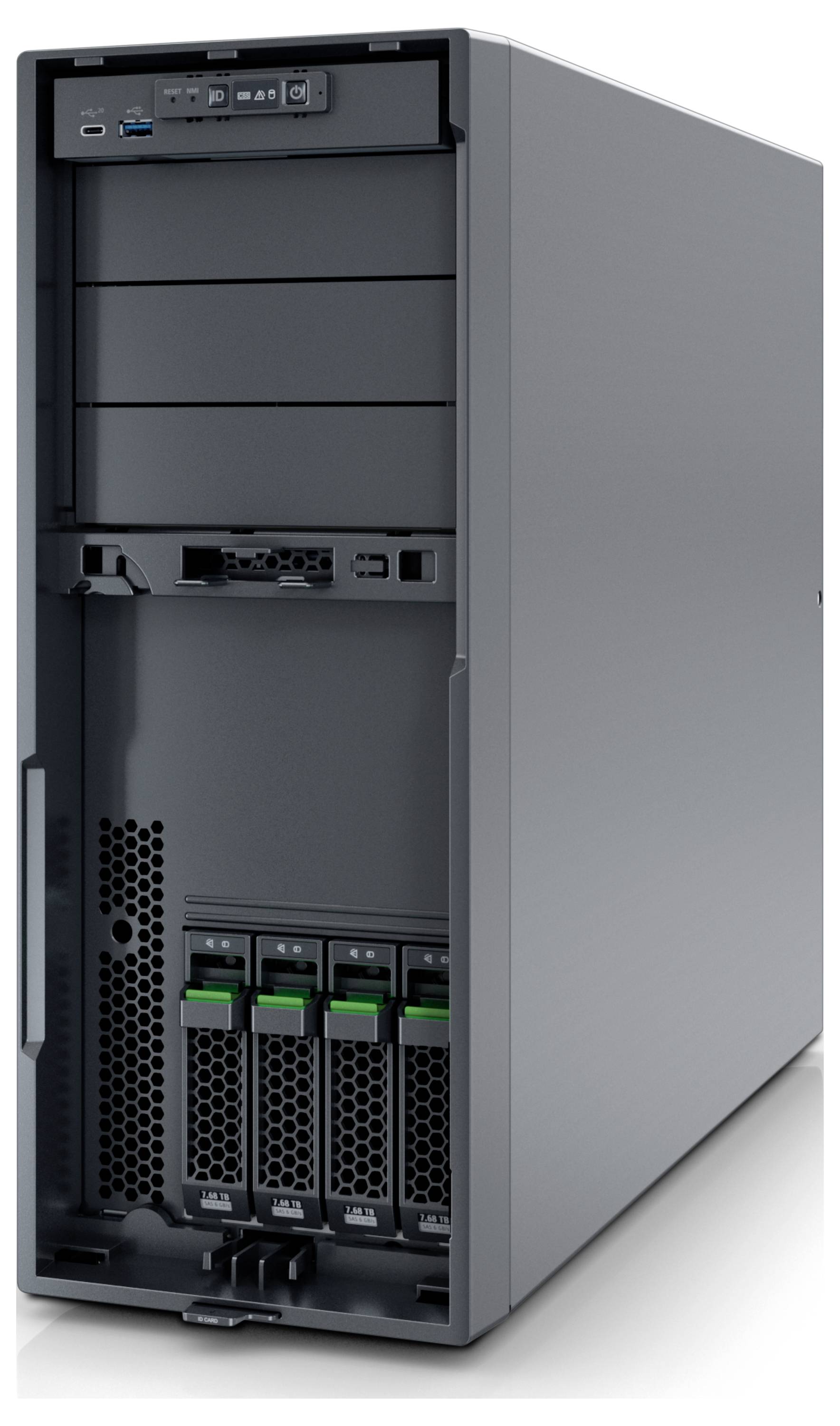 Ein grauer Computer-Server-Tower mit mehreren Schächten und Anschlüssen, mit vier grün gekennzeichneten Laufwerk-Steckplätzen an der unteren Vorderseite.